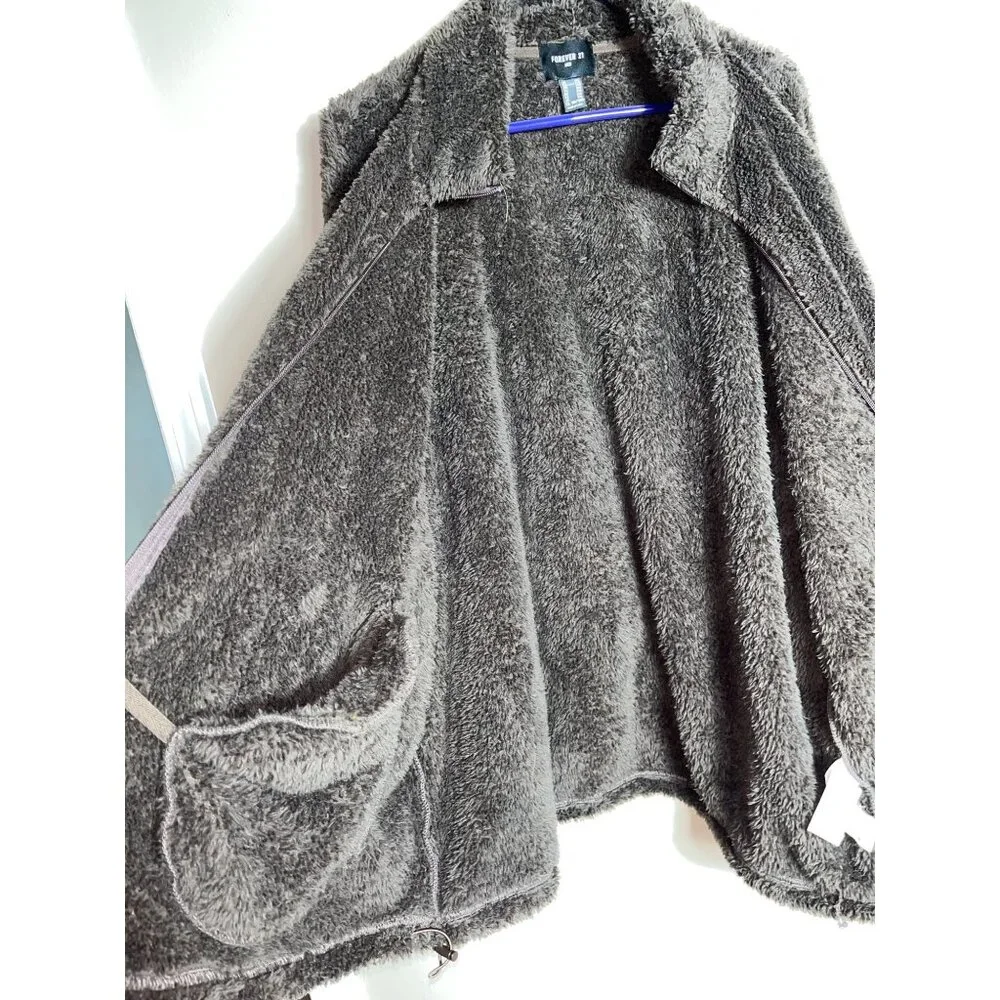Forever 21 Teddy Jacket Chocolate Brown Poly Fleece Zip Soft Cozy Unisex Men XXL - Picture 7 of 7